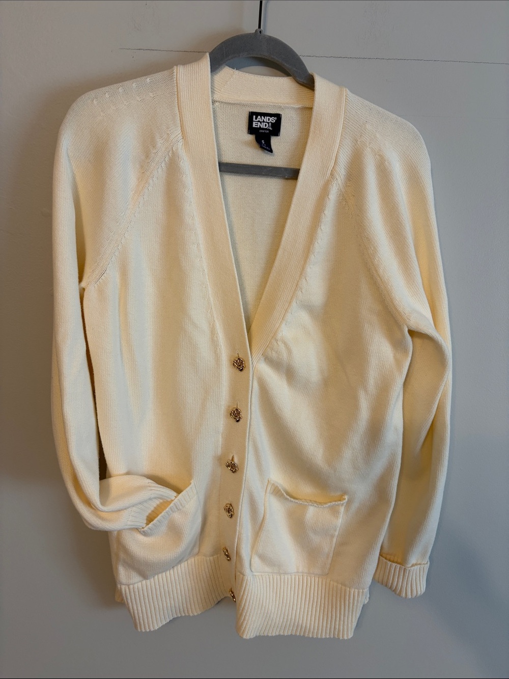 Lands' End Cream 💯 cotton Button front Pocket Cardigan. Small(6-8) EUC.